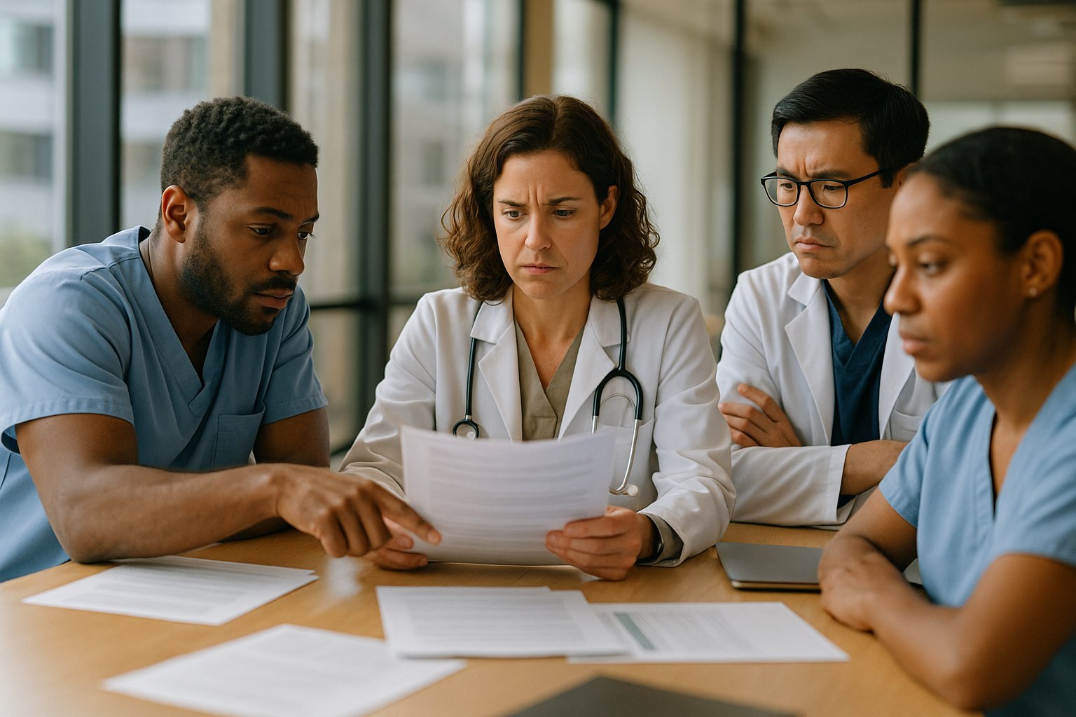 Healthcare team reviewing compliance documentation in a conference room